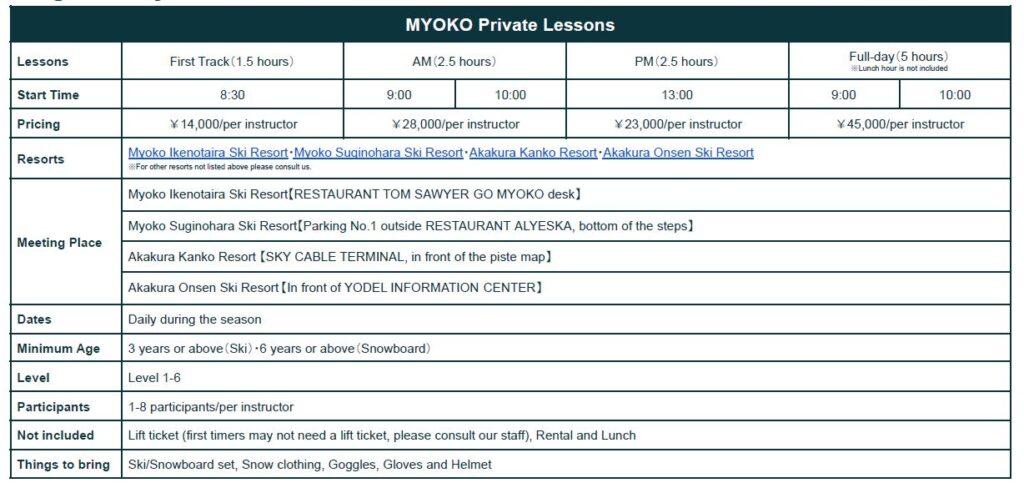 myoko ski school prices